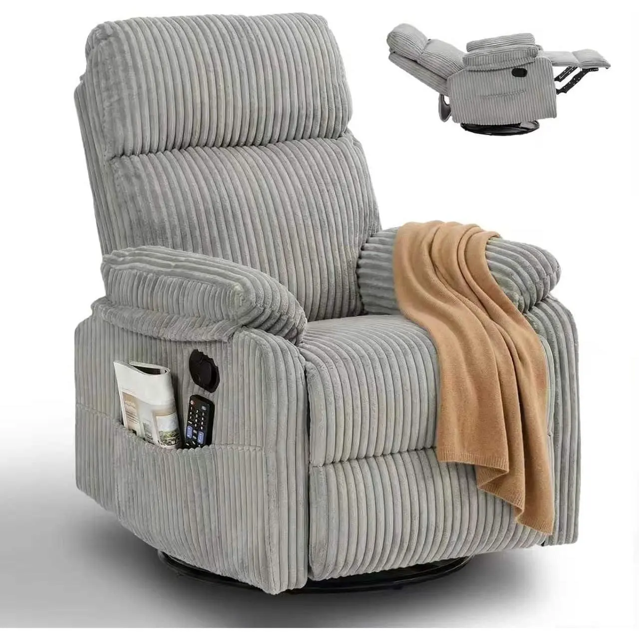[Cozy Nursery Essential] Corduroy Swivel Glider Recliner, Manual Rocking Chair for Nursery & Living Room, Comfy Lounge Chair for Small Spaces with Side Pockets