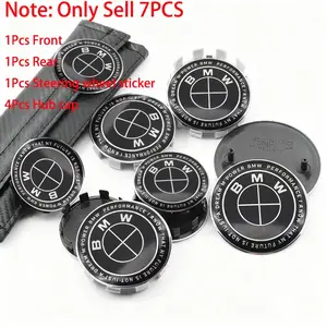 7Pcs BMW All Black Logo Car Front Bonnet Hood Emblem And Rear Trunk Badge And Car Wheel Hub Caps And Car Steering Wheel Sticker For BMW M F30 F10 F18 G01 E36 E39 E87 E46 E60 E63 E64 E70 E90 E92 E93 E53 X3 X5 X6 Replacement Modification Auto Accessories