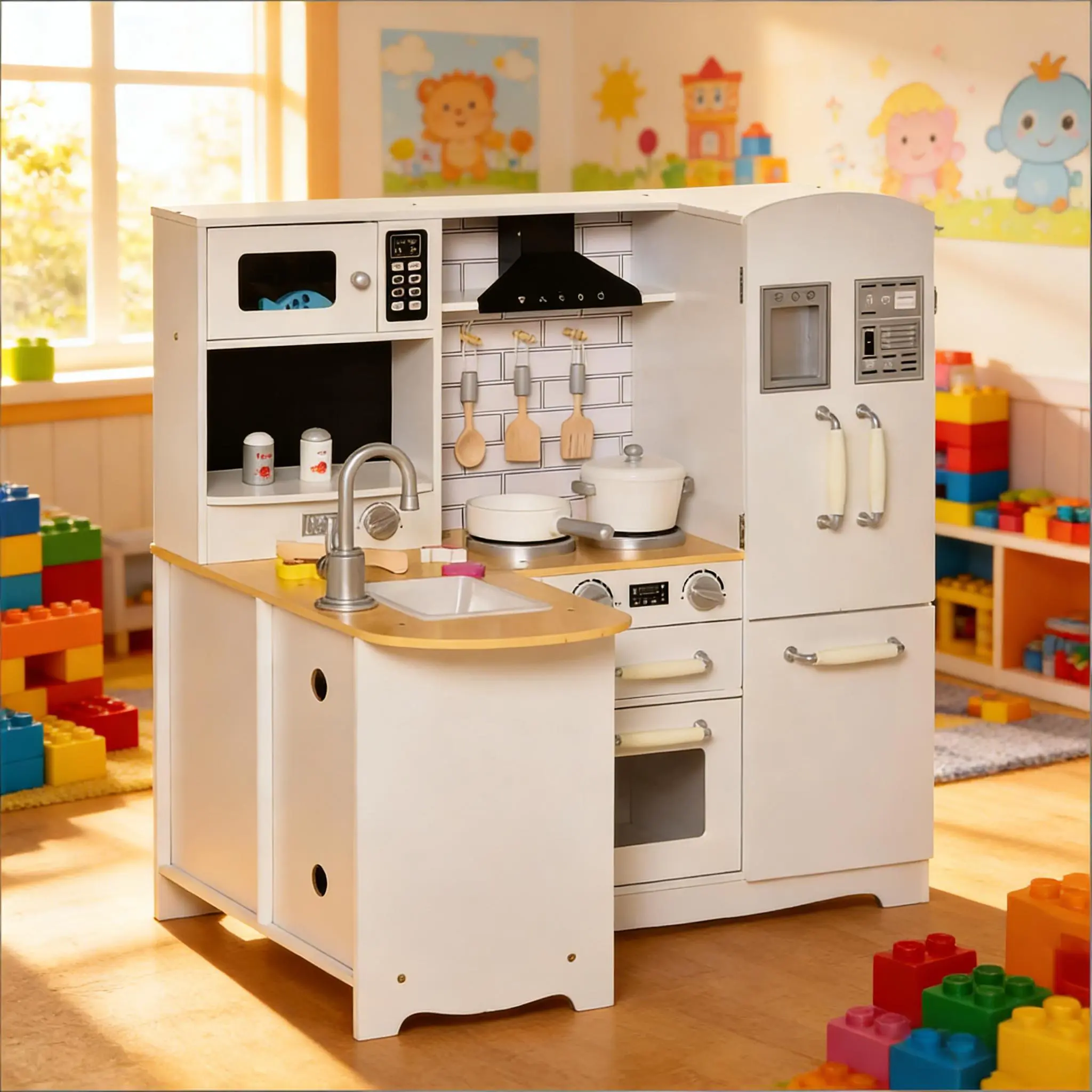 Large Play Kitchen Kids Kitchen Playset with Realistic Appliances and Accessories for Imaginative Play, Kitchen Pretend Play Set, Toddler Play Kitchen