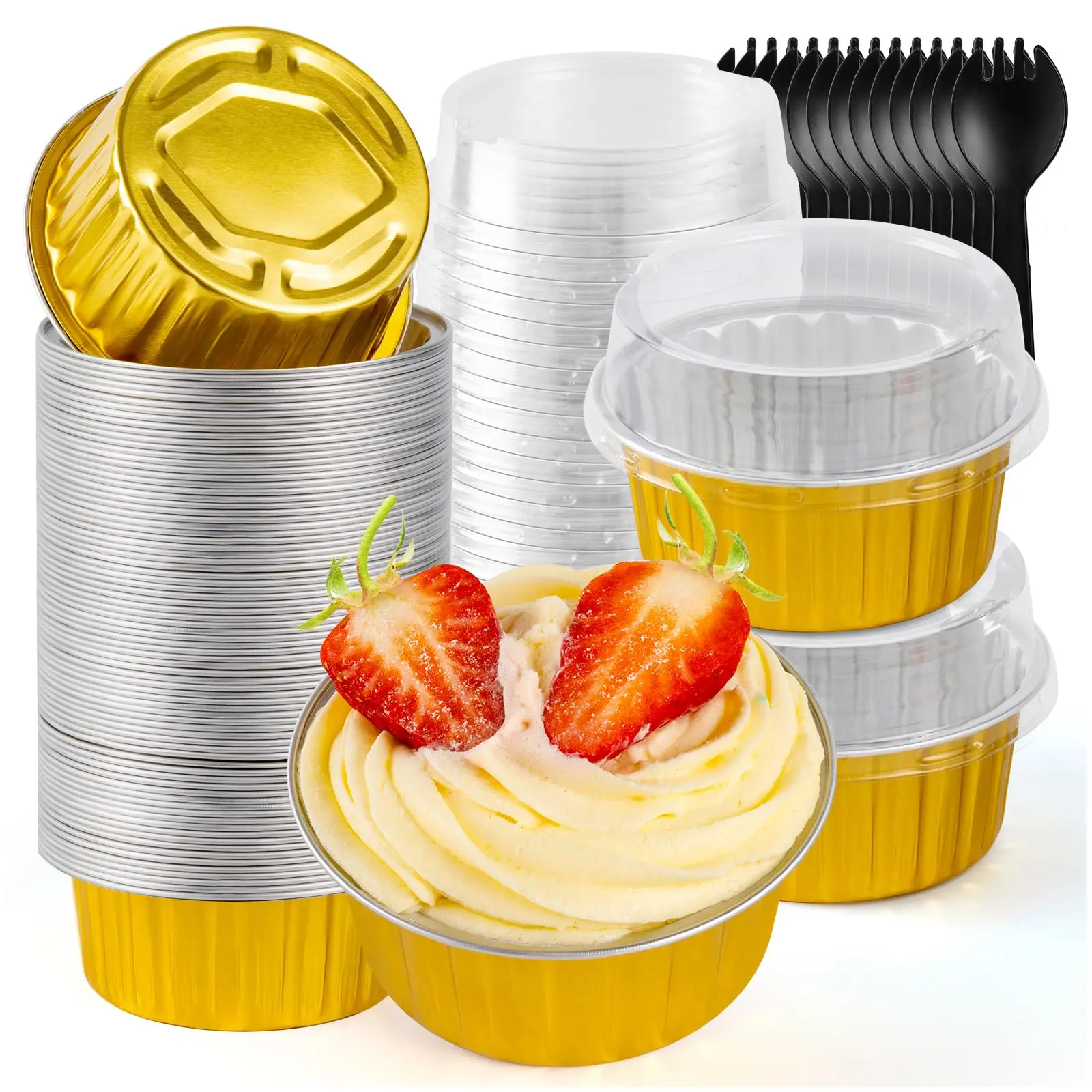 60Pcs Mini Loaf Pans with Lids and Spoons, Aluminum Foil Baking Pans, Round Mini Cake Pans, Brownie Baking Cups for Picnics Party