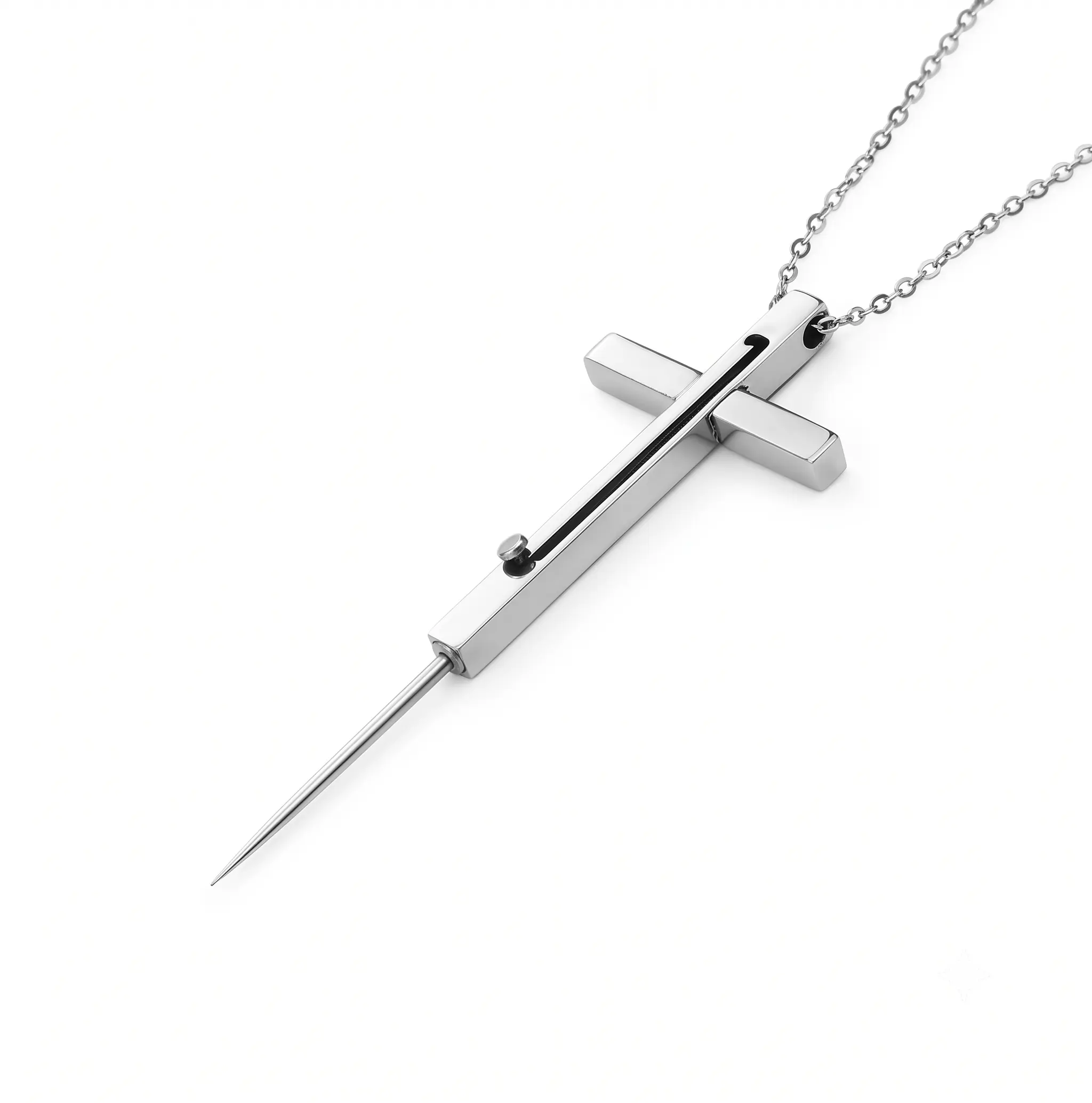 Stainless Steel Unisex Cross Necklace - Personal Charm Multi-Functional Tool Pendant with Secure Locking & Retractable Spike, Everyday Use Camping Survival Jewelry Gift