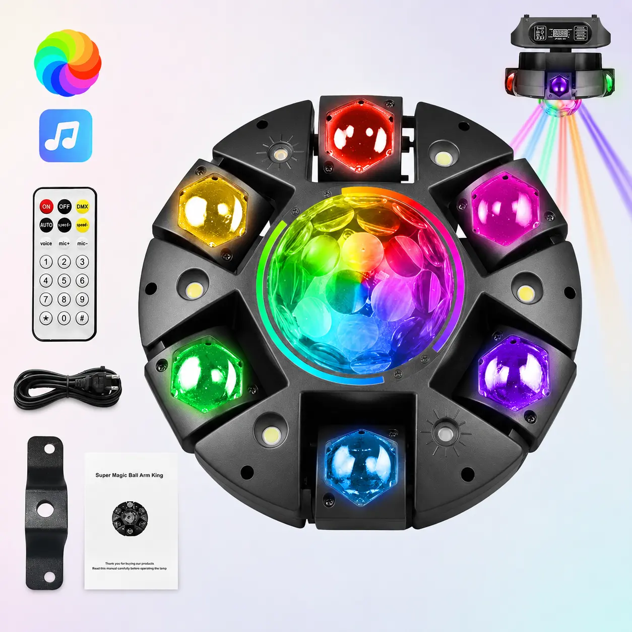 XDV 120W 6-Arm RGBW Moving Head DJ Light - RGB Changing LED, Super Bright LED, Laser Magic Ball, Remote Control, RGB Music Sync, Auto-Run, Master-Slave, 20 Times/Sec Strobe, Smooth Dimming, DMX512 for Rave, Club, Home Dance，Halloween Party