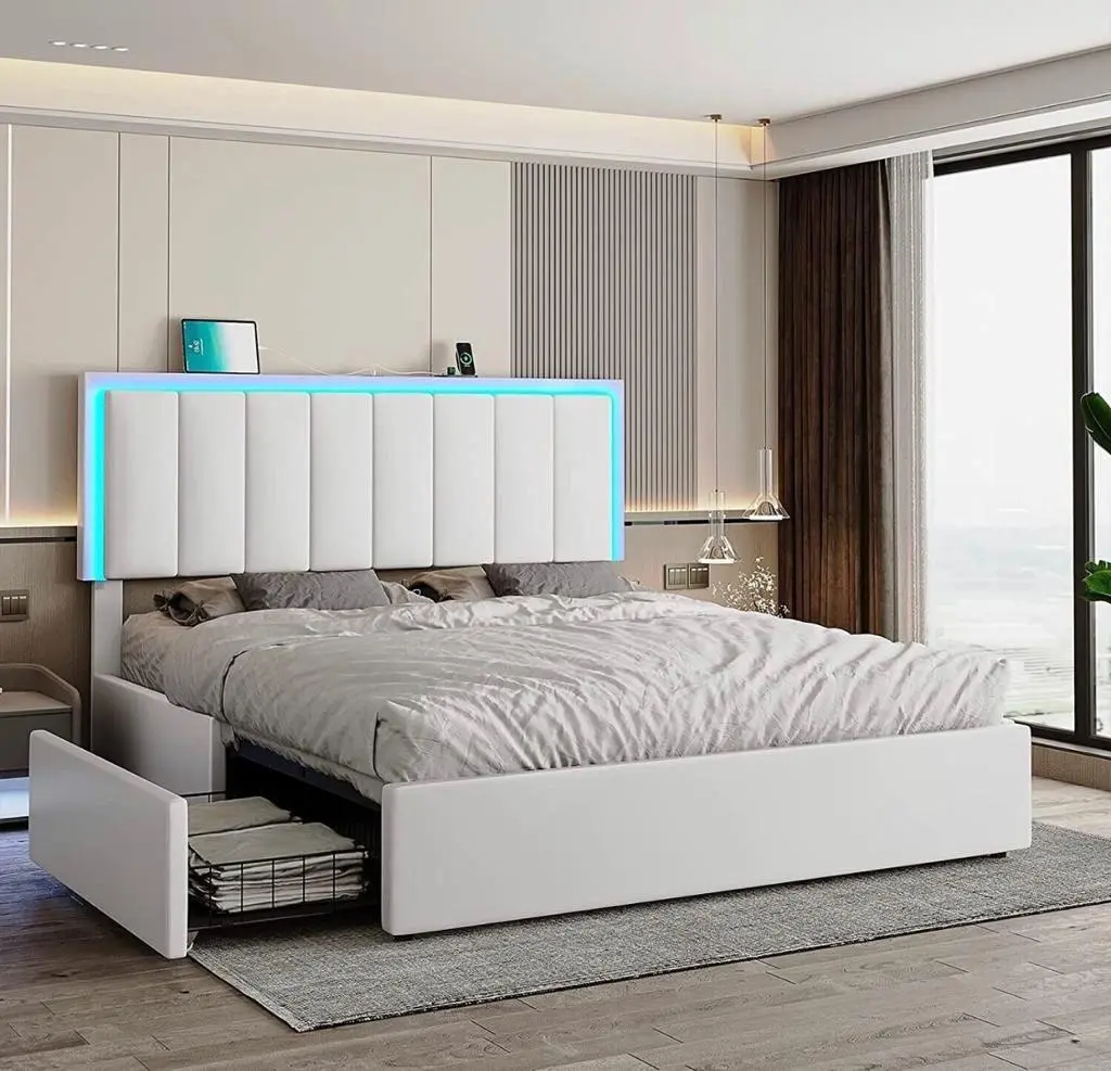 Queen Bed Frame with 4 Storage Drawers and LED Headboard Upholstered Platform, Brand New.