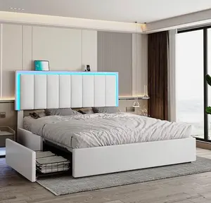 Queen Bed Frame with 4 Storage Drawers and LED Headboard Upholstered Platform, Brand New.