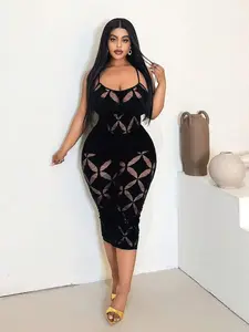 Plus Size Women's Sexy Hollow Out Adjustable Strap Cami Dress Sleeveless Spaghetti Strap Long Colorblock All Over Print Summer Casual - Fabric