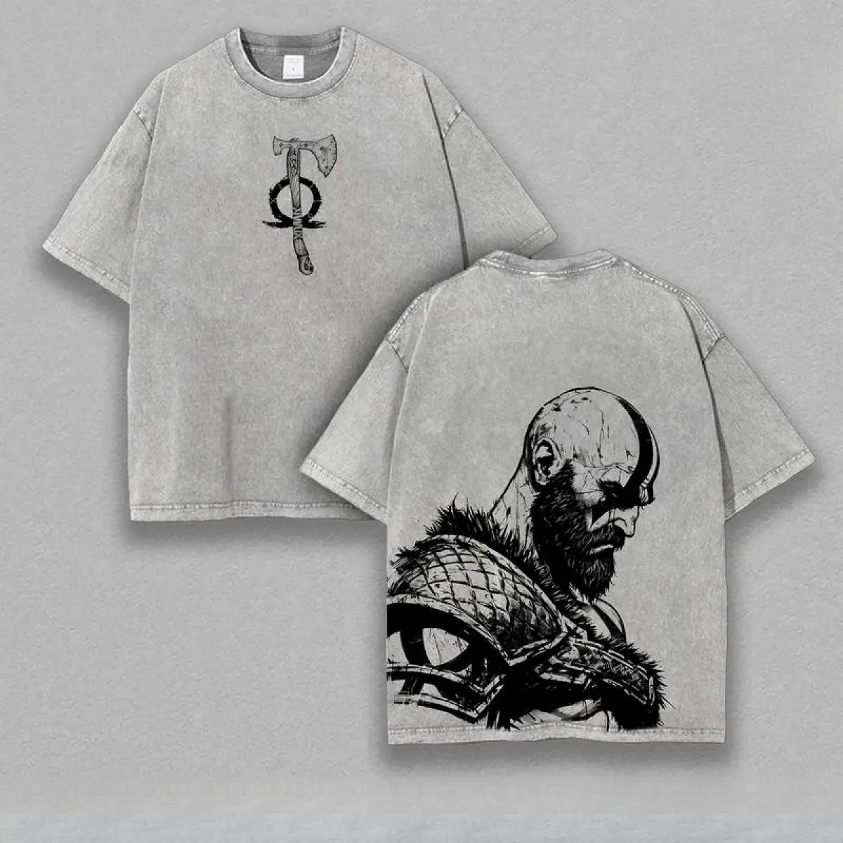 Kratos God of War Round Neck Short-Sleeve T-Shirt, Seamless Heavyweight Cotton Oversized Double Printed Washed Tee, Unisex Greek Myth Spartan Norse Fighter Dark Gaming Streetwear