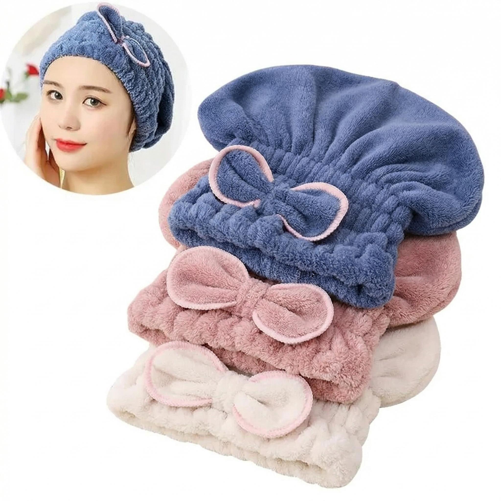 3 Pack Microfiber Hair Towel Cap for Women, Ultra Absorbent Quick Dry Hair Turban Wrap with Bow, Anti-Frizz Soft Hair Drying Towels for Wet Hair, Curly Hair, Skincare & Shower (Pink, Blue, Beige)