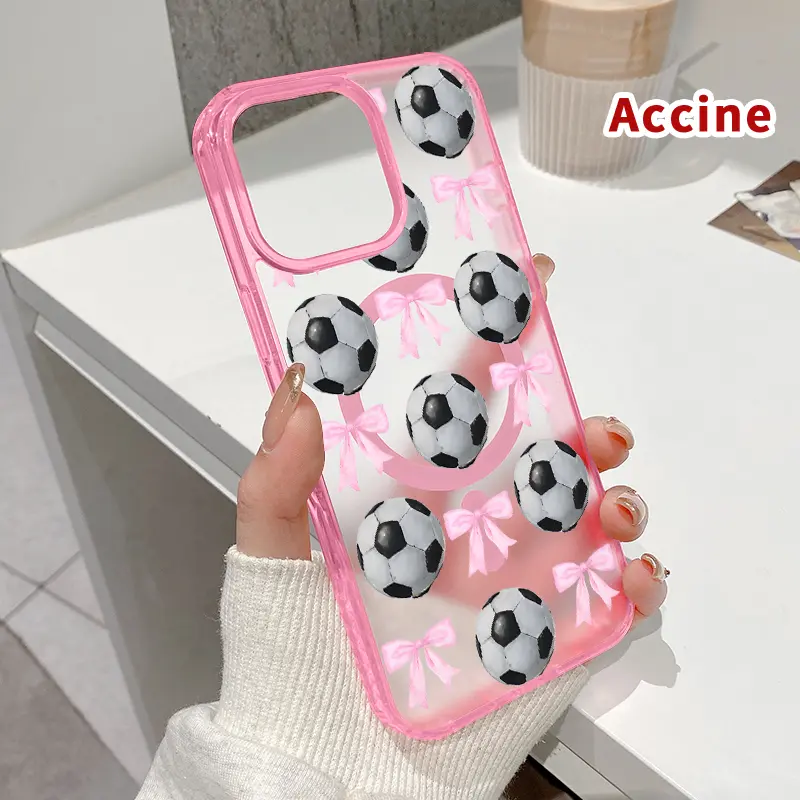 Soccer and Bows Pattern Acrylic Magnetic Smartphone Case for iPhone 16,15,14 Pro Max,13,12,11,XR,XS,SE,Plus - Shockproof,Lightweight,Transparent,Soft Handheld Cellphone Cover with Protection & Wireless Charging Support, Casing