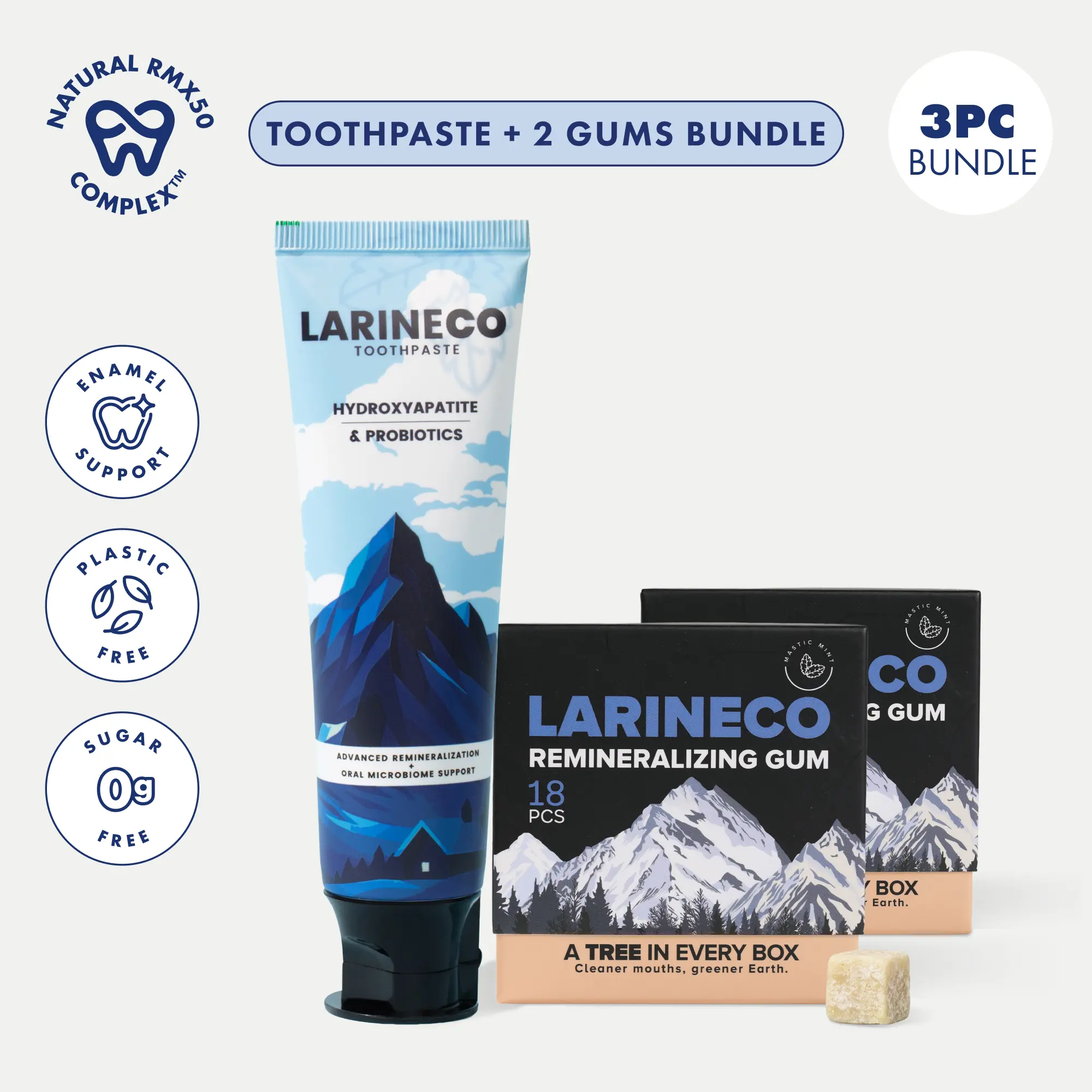 Larineco™ Remineralizing Gum & Toothpaste Set with Hydroxyapatite & Xylitol - Sugar Free - Fluoride Free - Natural Base - 2 Gum & 1 Toothpaste