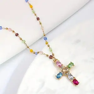Delicate Colorful Cross Pendant Necklace with CZ, Perfect for Everyday Wear