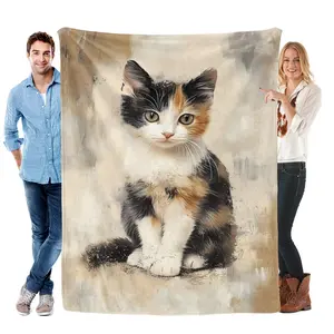 Cute Calico Kitten Cat Lover Gift Soft Cozy Flannel Blanket - Vintage Art Cat Print Plush Throw, Warm Fuzzy Bedroom Sofa Blanket, Perfect Gift for Cat Mom Cat Dad Women Men for Birthday Holiday Home Decor
