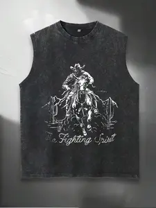 Men's Tank Top, Vintage Cowboy Graphic in 210gsm Washed Cotton, Relaxed Fit Breathable Streetwear, Ribbed Neck for Summer Layering