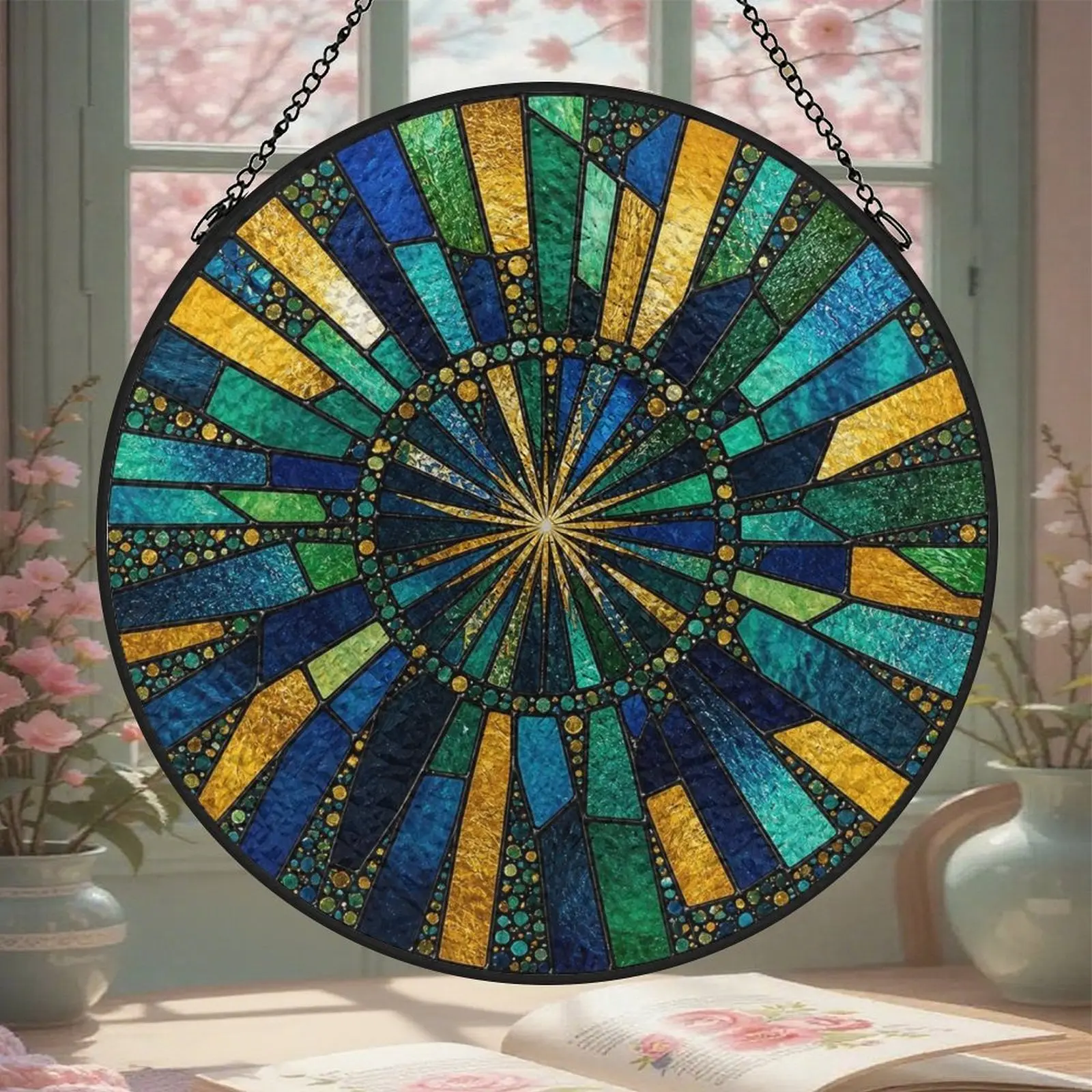 Vintage Teal & Gold Geometric Stained Glass Suncatcher, Radiating Starburst Window Hanging, Boho Wall Decor, Elegant Sun Catcher Gift Reflective Gear