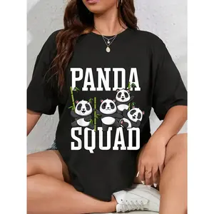 100% Cotton Short-Sleeve Round Neck Casual Streetwear Top, Cute Panda Family Graphic Design T-Shirt