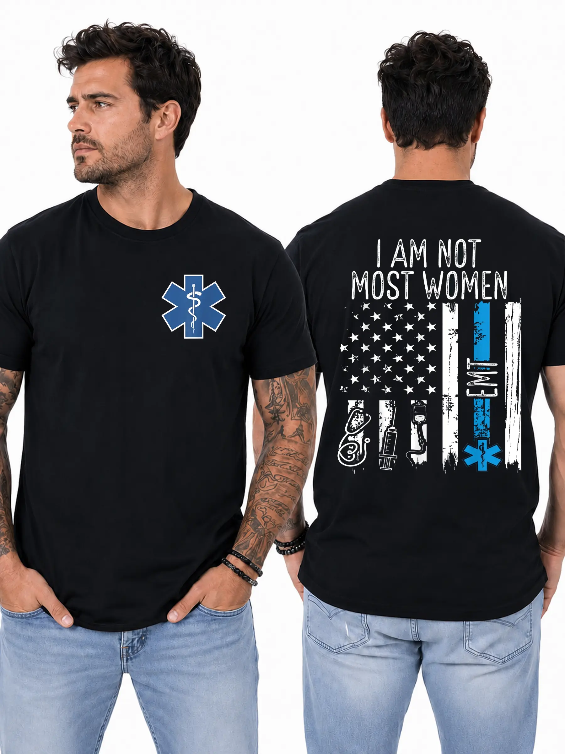EMS T-Shirt, Blue Line American Flag & Medical Star Graphic, First Responder Shirt for EMTs & Emergency Medical Workers, Gift for EMS Professionals