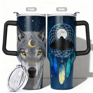 1pc, 40oz/30oz/20oz/14oz Stainless Steel Thermal Cup Wolf with Dreamcatcher and Moonlit Night Double Wall Vacuum Insulated Flask Cup, Leakproof Lid & Carry Handle Portable Travel Mug for Outdoor Camping Hiking, Gift fo Drinkware