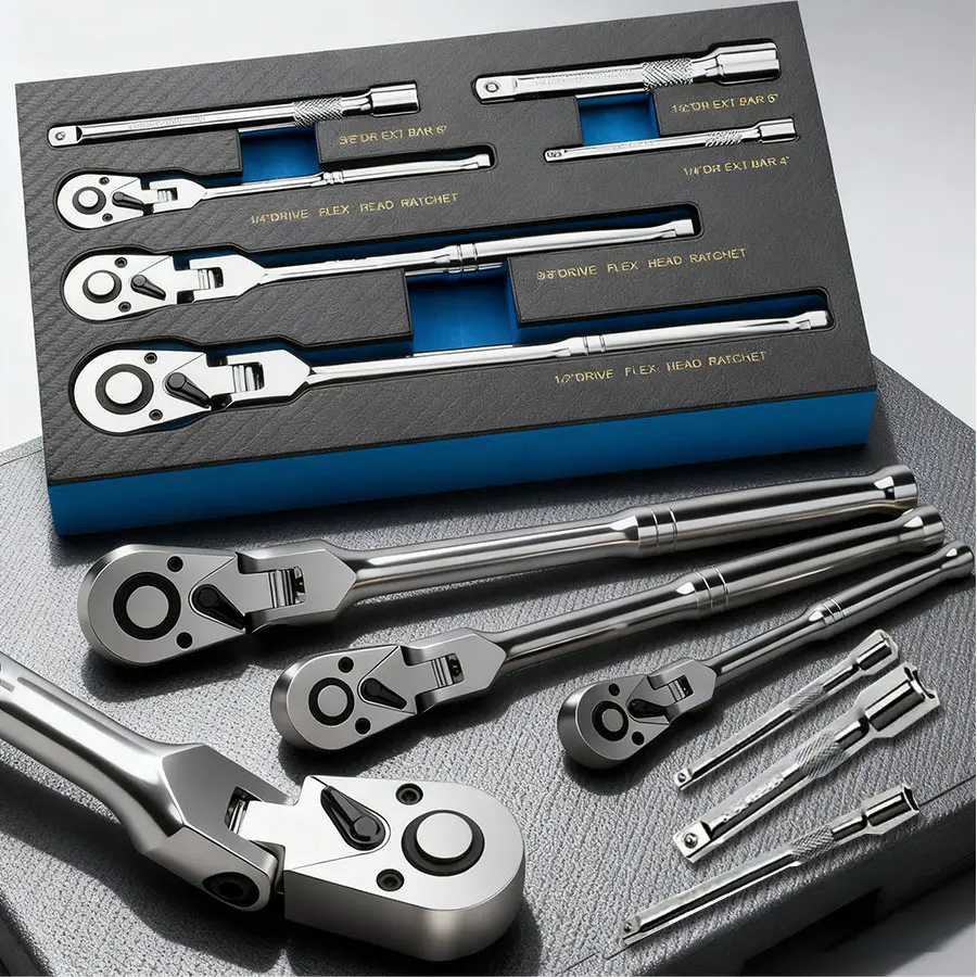 Set Of 6 Pieces Of Ratchet Wrench Set, with 2-tooth Ratchet 1/4 Inch, 3/8 Inch, 1/2 Inch, Rotating Head Ratchet Wrench with Extension Bar, Made Of High-quality Chromium Vanadium Steel, Chrome-plated Surface Treatment, with EVA Foam Storage Box