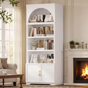 81.2" Tall Arched Cabinet, Bookcase with storage, Modern 6-Tier Bookshelf with Door, 2 Book Risers and Adjustable Shelves for Living Room,Kitchen,Home Office, Space Saving (White)