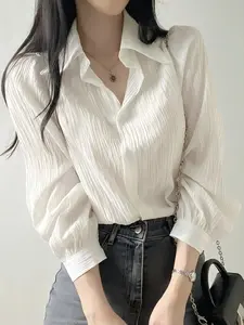 Women's Pleated Collar Loose Shirt Spring Autumn Fashion, Casual Long Sleeve Button Up Blouse, Comfortable and Stylish Women's Clothing, Womenswear