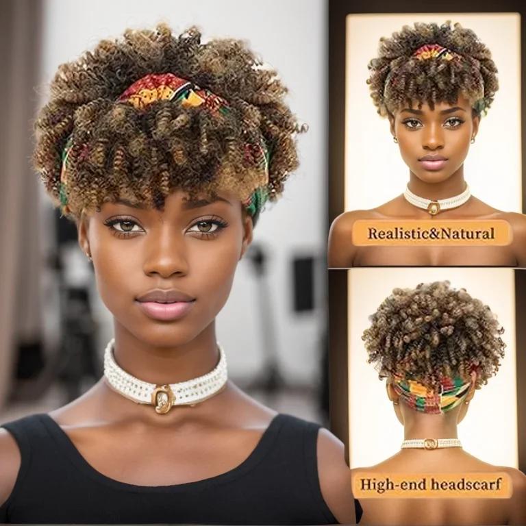 8inch Afro Kinky Curly Headband Wigs with Bangs 2 in 1 Turban Wigs with Headband Attached Premium Heat-Resistant Fibers for Women wrap strap