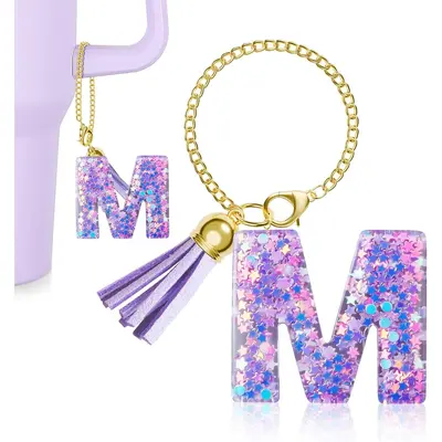 Stanley Cup Letter Charm - Custom Initial Keychain With Sequin Design & Pink Tassel For Tumbler Handles