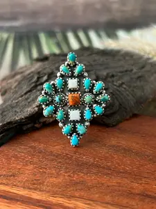Handmade Sterling Silver Kingman with Orange Mojave and White Buffalo Adjustable Ring "Signed Nizhoni"
