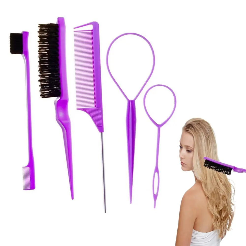 5Pcs Slick Back Brush Set with Topsy Tail Tool, Teasing Bristle, Rat Comb for Women & Girls Hair Styling, Flyaways Control and Edge Combing, Styling Tools - Pink