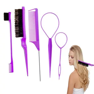 5Pcs Slick Back Brush Set with Topsy Tail Tool, Teasing Bristle, Rat Comb for Women & Girls Hair Styling, Flyaways Control and Edge Combing, Styling Tools - Pink