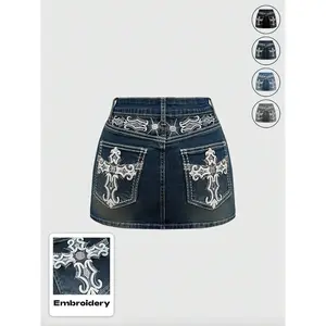 Women's Y2K Vintage Stretchy Mini Denim Skirt with Pocket, Cross Embroidery, Comfortable and Stylish Street Fashion Wear