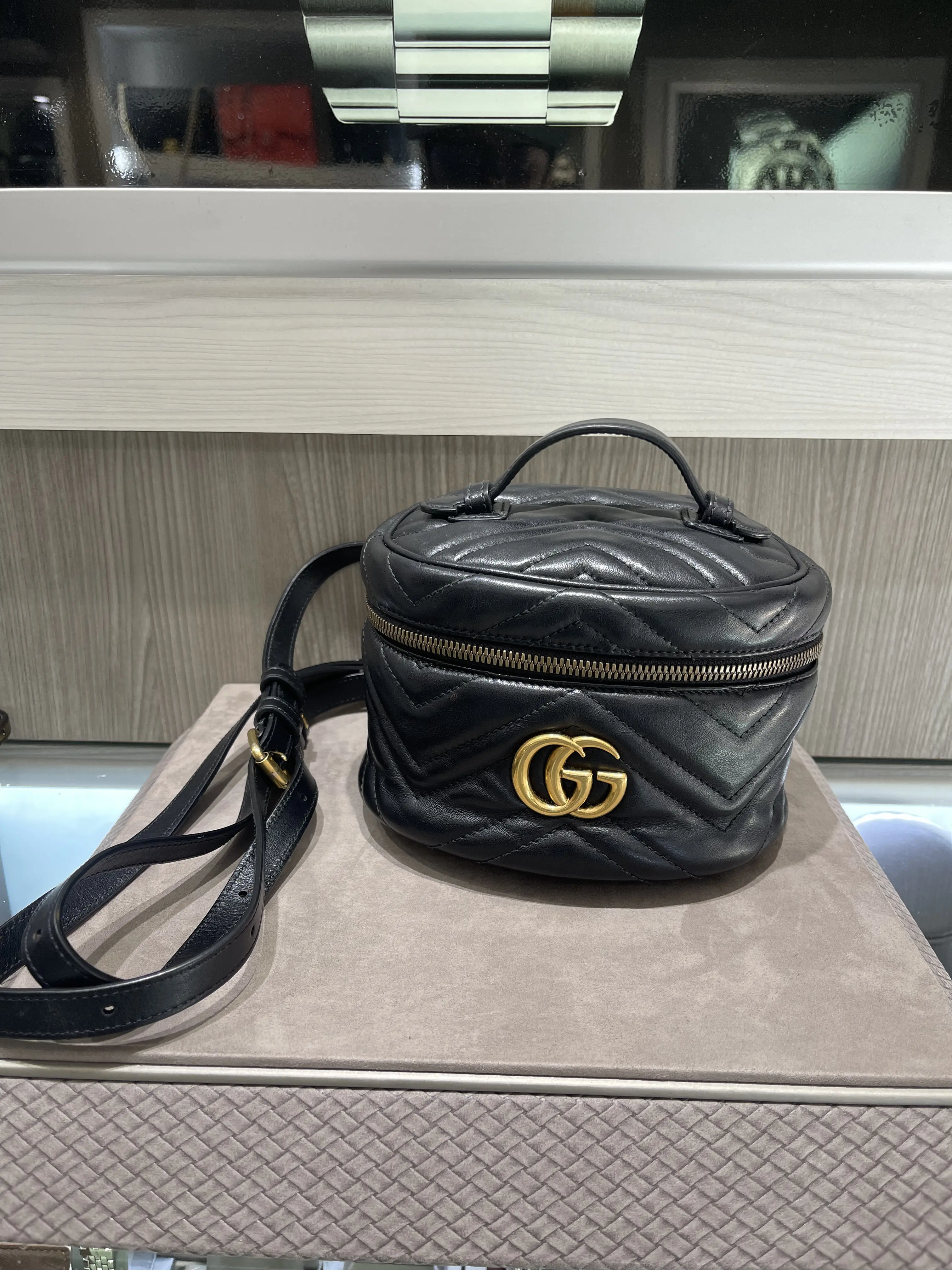 Pre-owned GUCCI Matelassé chevron leather Backpacks Mini GG Marmont Vanity Backpack in Black Matelassé Leather
