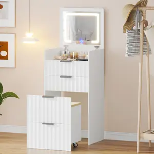 Lvifur 3 in 1 Small Vanity Desk with Plip Top Mirror,Makeup Vanity Set with Visible Glass Desktop,Compact Vanity with 3 Drawers,Storage Compartment and Padded Stool,Dressing Table for Bedroom