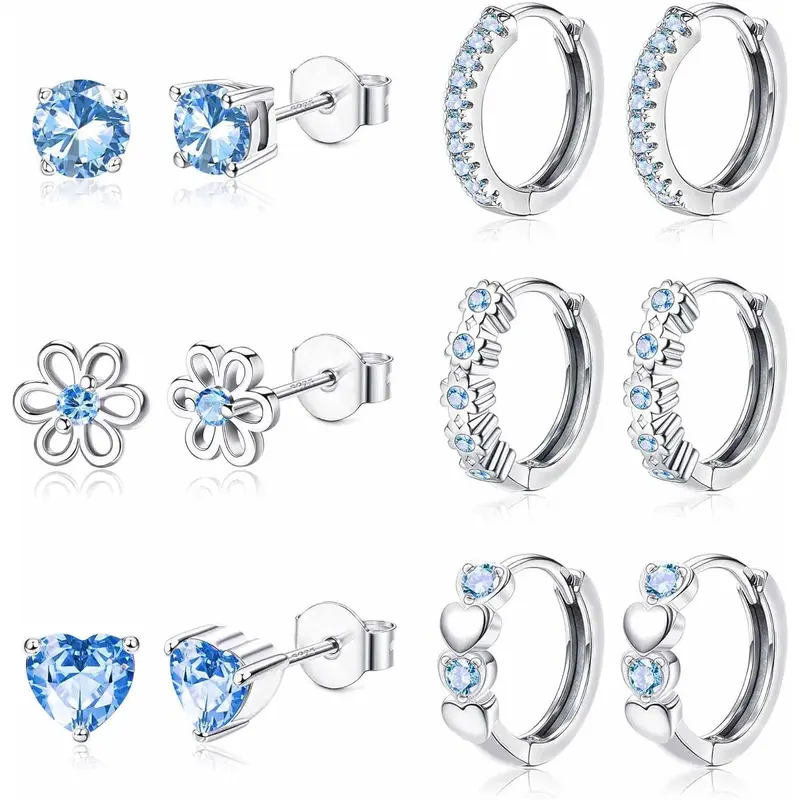 FIBO STEEL 6 Pairs Trend Small Stud Earrings for Women Girls 925 Sterling Silver Post Stud Hoop Earrings Set Zirconia Flower Heart Cute Cartilage Earrings Fashion Jewelry Gifts Hypoallergenic