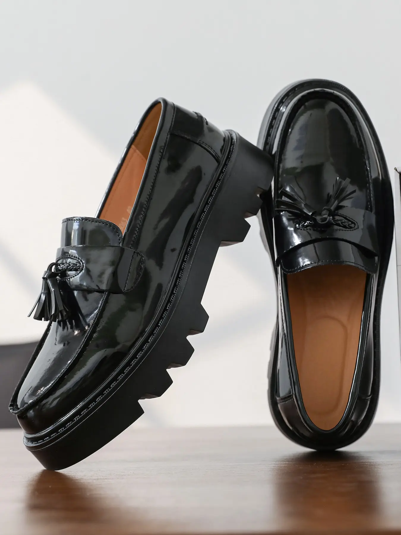 Sizes 38-46,Men's Thick Sole Rubber Loafers, PU Leather Loafers, Slip-On Leather Shoes, Casual Shoes, Stylish British Style, Durable Comfortable Footwear for Daily Wear