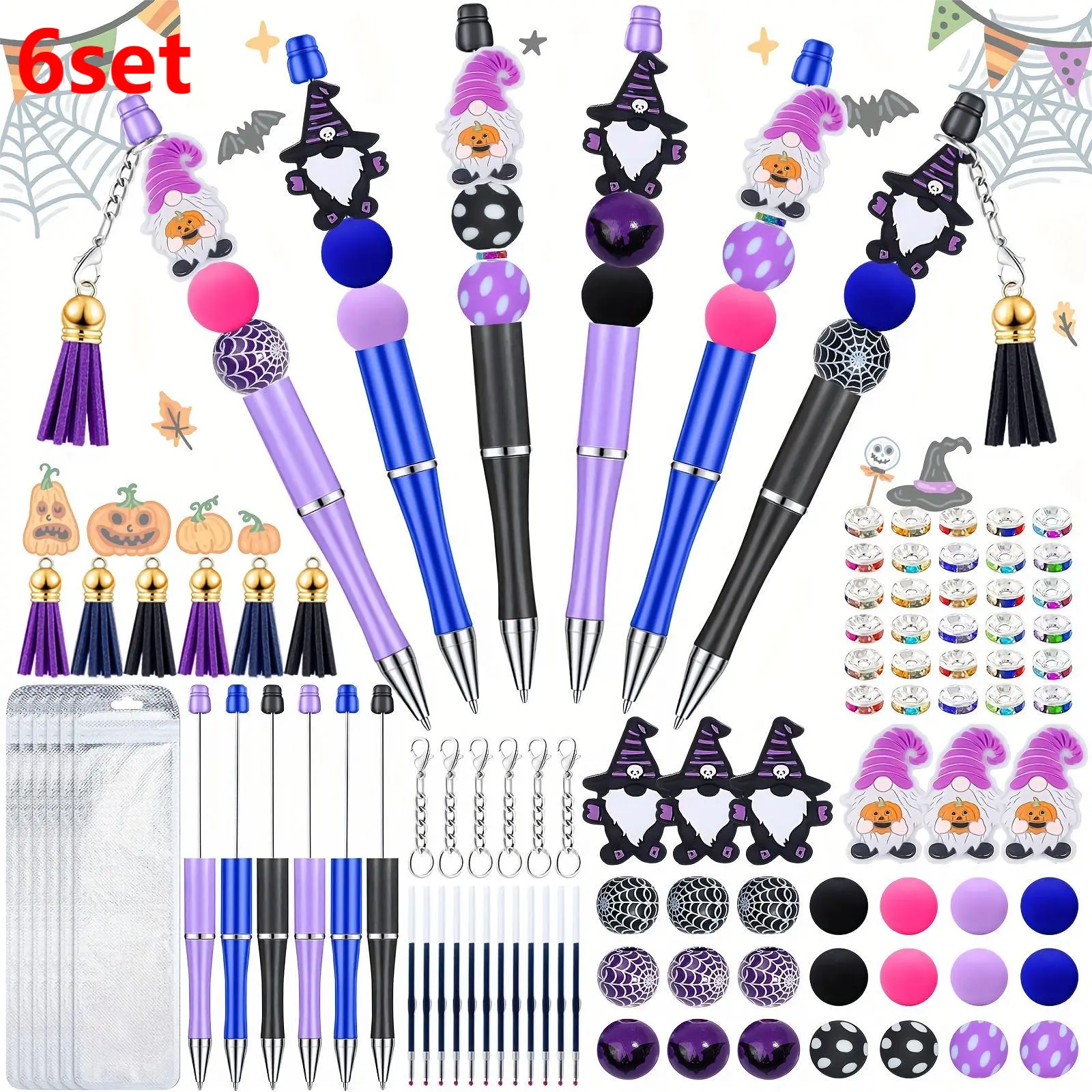 6 set Halloween Bead Pen Bead Beadable Ballpoint Pen Gel Ink Pen with Colorful Beads Rhinestone Beads for Halloween DIY Crafts Office Halloween Gifts Party Supplies, Festive Accessories, Office Stationery, Playful Style, Fun Design, Smooth Ink Flow