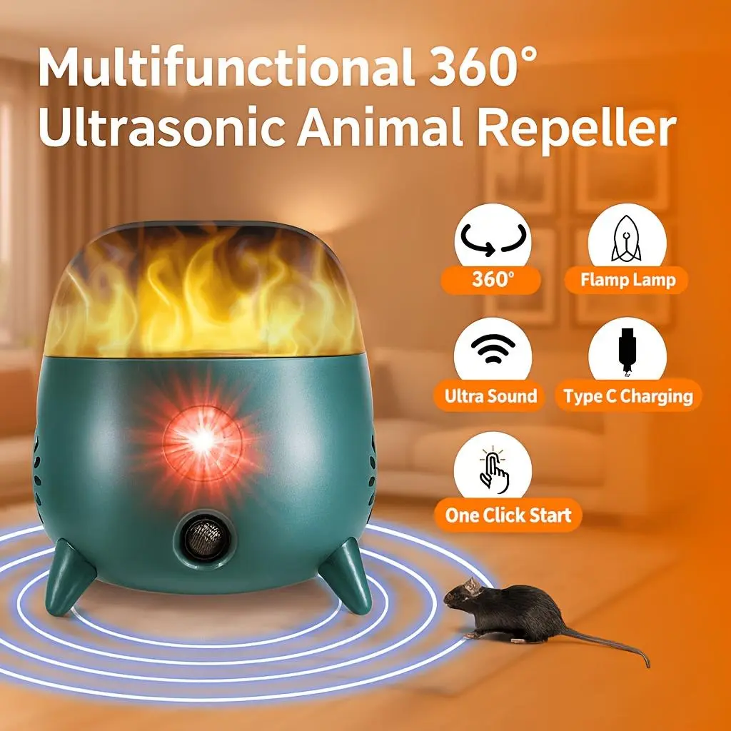 Ultrasonic Animal Repeller: Features Motion Sensing, Flame-Effect Lighting, and Motor Vibration Functions. Effectively repels deer, cats, raccoons, dogs, birds, rabbits, squirrels, and rodents. An ideal choice for yards, gardens, and farms.