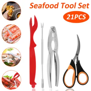 2025 NEW 20 Counts Seafood Tools Set Stainless Steel Seafood Tools with 6 Crab Crackers 6 Seafood Needles 6 Crab Leg Forks 2 Seafood and Storage Bag Nut Cracker Set for Kitchen Seafood Party Utensil Lobster