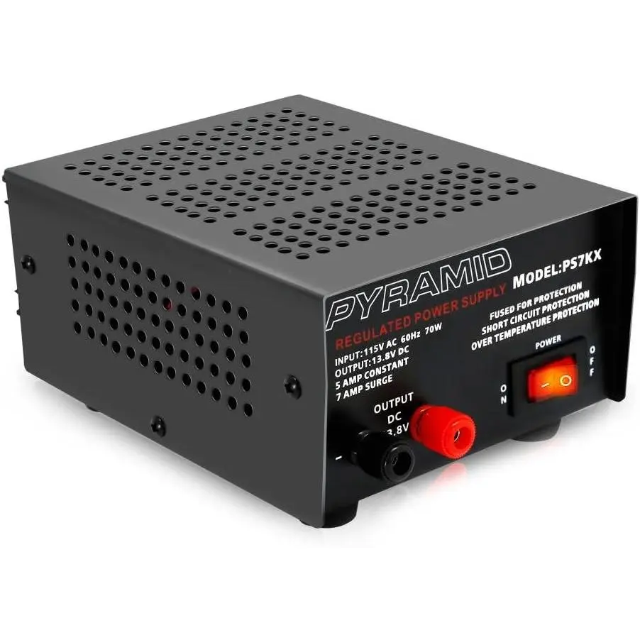 Universal Compact Bench Power Supply - 5 Amp Linear Regulated Home Lab Benchtop AC-to-DC 12V Converter w/ 13.8 Volt DC 115V AC 70 Watt Power Input, Screw Type Terminals, Cooling Fan - PS7KX