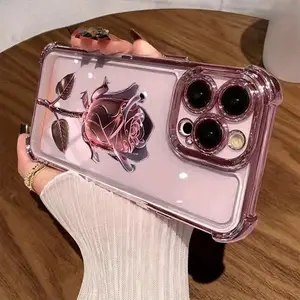 Pink rose electroplated pattern, drop-proof and non-slip TPU phone case, compatible with iPhone 17 Air, 16 Pro Max, 15 Plus, 14, 13, 12, 11. A unique phone case that can be given as a gift to boys or girls.QXA827 i̇