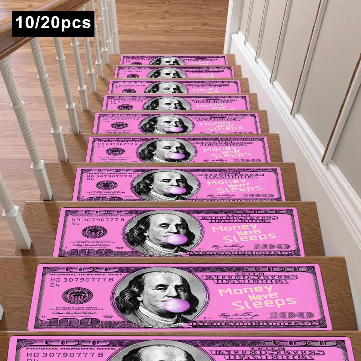 Anti-slip stair mats, stair tread mat set 10pcs/20pcs, dollar rug, pink dollar pattern design, indoor reusable stair mats 8''X30'' suitable for wooden steps, machine washable safe non-slip stair decorative mats, suitable for indoor use