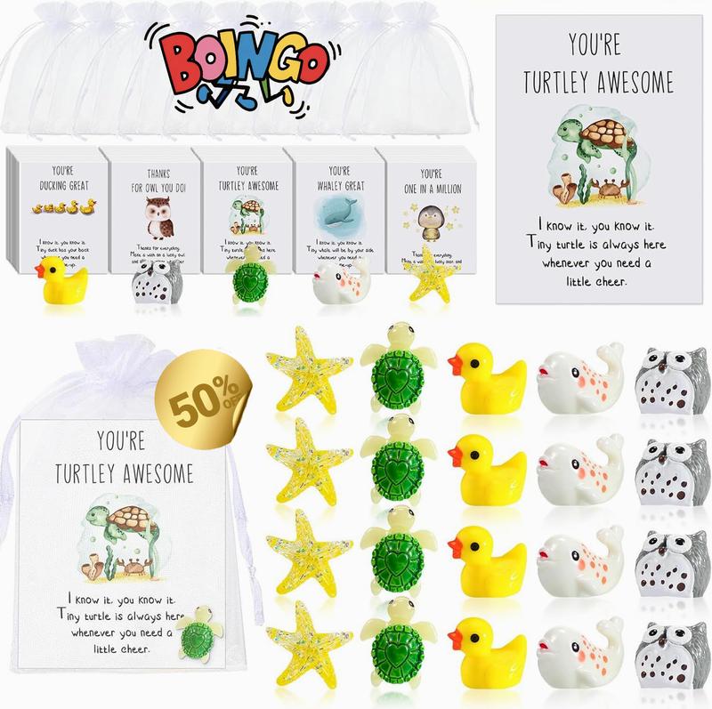 Set of 25 Employee Appreciation Gifts Bulk , Thank You Staff Gift with Animal Pun Note Cards for Coworkers, BOINGO 2026 Quality Materials Funny Resin Ducks Stars Whales Turtles Owls Favors, halloween gift card, christmas gift