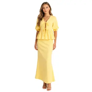 Butter Yellow Puff Sleeve Peplum Top & Maxi Skirt Set