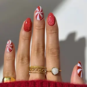 Christmas Red and White Candy Cane Press On Nails, Glitter Red Base with Hand-Painted Peppermint Swirl, Minimalist Festive Short Almond Removable False Nails with Jelly Glue and Nail File