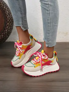 Women's Lightweight Low-Top Sports Shoes, Trainer, Colorful Block Design, Breathable Mesh Upper, PVC Sole, Casual Outdoor Footwear
