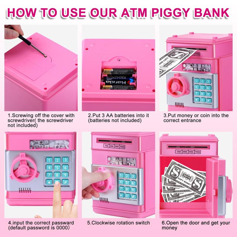 Pink Piggy Bank for Kids with Password Code Lock and Auto Grab Bill Slot, Real Money Cash Coin Can Saving Box Electronic Money Safe Bank, Hot Gift for 4 7 8 9 10 11 Year Old Boys Girls