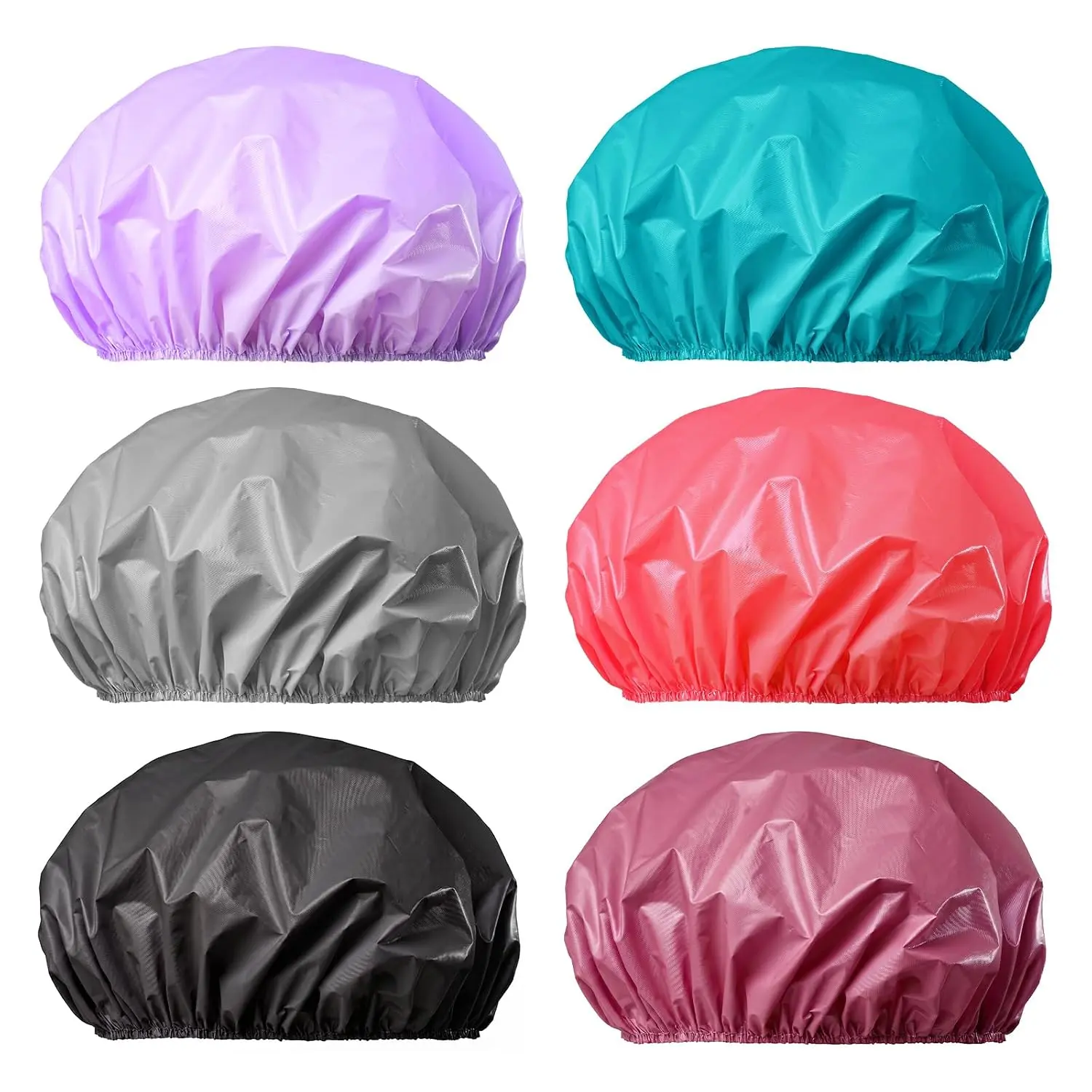6 PCS Shower Caps for Women, Double Side Waterproof Shower Cap, Reusable Elastic Bath Caps for Shower, EVA Bathing Shower Caps, Bath Hair Caps - Black+Plum+Teal+Red+Lavender+Gray