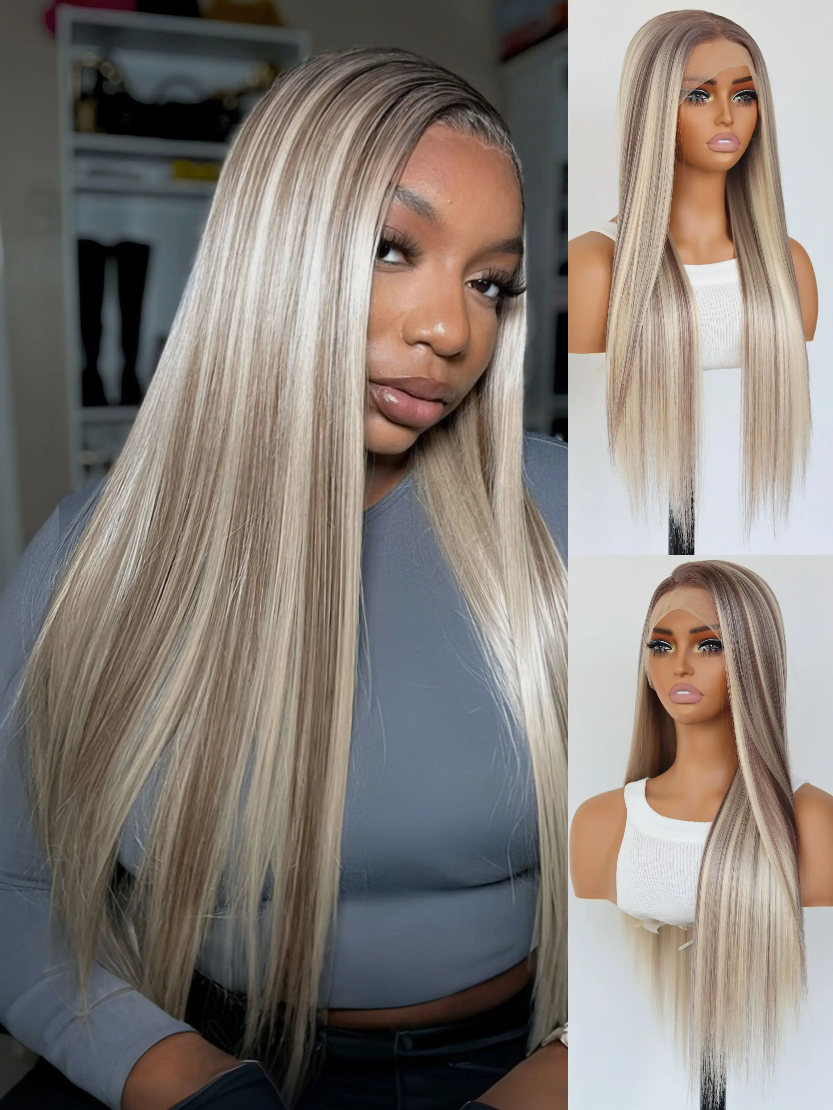 Highlight Ash Blonde Lace Front Natural Hairline Wig Long 