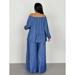 Plus Size Sky Blue Solid Off Shoulder Top & Wide Leg Pants Set for Women's Casual Fashion Cozy Daily Outdoor Wear Suits Basic Long Sleeve Minimalist Womenswear Clothes Dry Clean Only