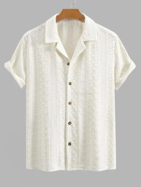 Men's Crochet Camp Collar Shirt - Casual Jacquard Textured Short Sleeve Button Down for Summer Beach
