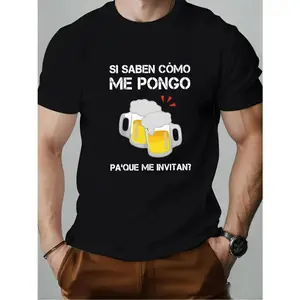 Men's Casual Black T-Shirt with Beer Mug Design & "Si saben Como Me Pongo" Quote - Round Neck, Summer Tee, Machine Washable, Perfect for Social Gatherings, Playful Graphic Tee| Regular Fit Shirt, Casual T Shirts,  Cotton, Unisex Cut