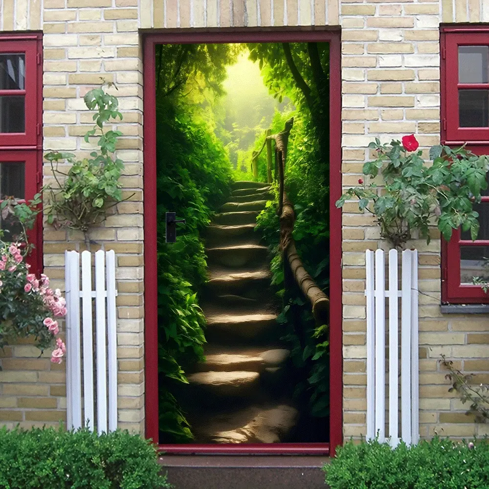 2pcs Green Forest Path Wall Sticker Natural Scenery Staircase Decorative Sticker Living Room Bedroom Background Wall Self Adhesive Eco Friendly Removable Mural